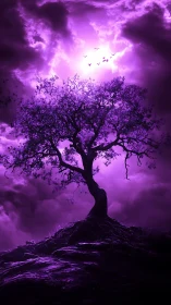Solitary tree under vivid violet storm sky glow.