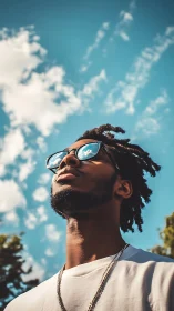 Upward-looking portrait under shallow depth of field sky