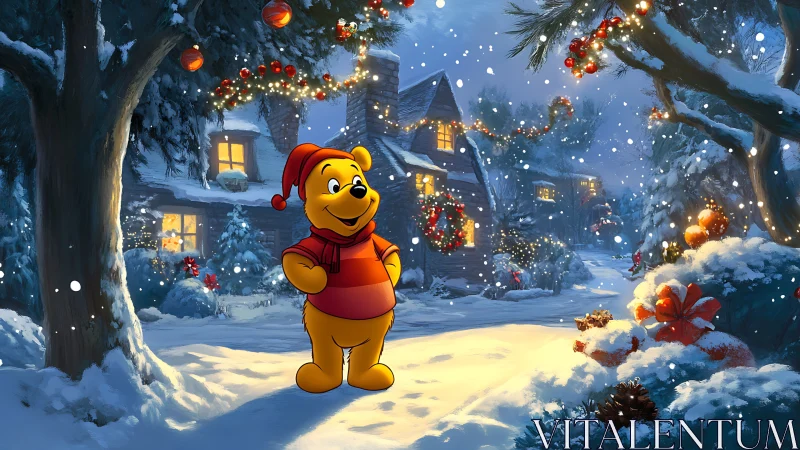 Cartoon bear in stylized winter village with warm festive lighting