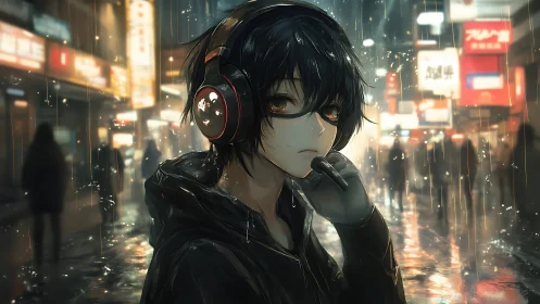 Nocturnal city rainscape with headphone-wired urban drifter.