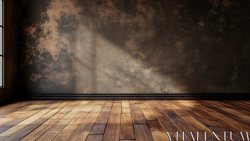 Sunlit rustic interior with textured wall and wood floor.