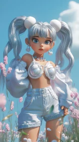 Silver haired anime girl stands in pastel flower meadow