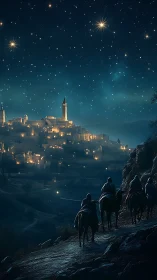 Starlit travelers ride toward a glowing hillside city at night