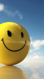 Huge yellow smiley sphere under clear blue sky.