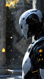 Solitary combat android beside ruined stone column.