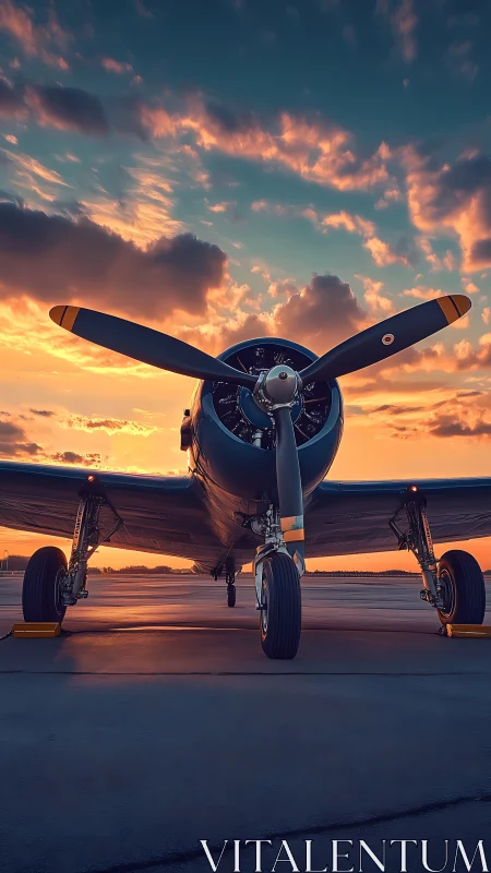 Vintage propeller aircraft rests on runway under vivid sunset