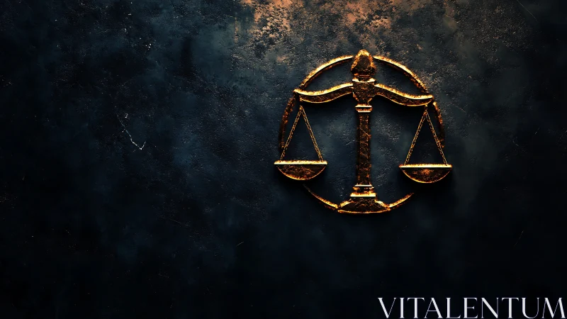 Golden justice scales icon on dark textured background.