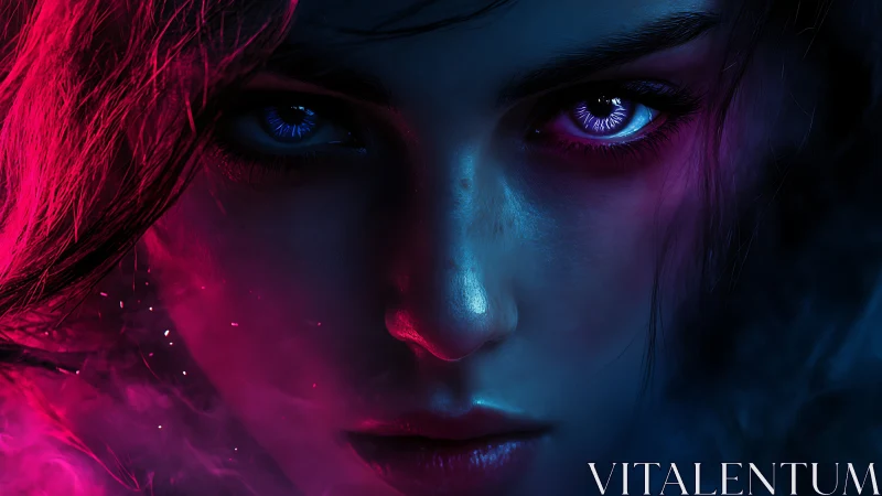 Neon-eyed sorceress emerging from electric twilight haze.