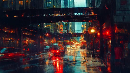 Rainy elevated tracks over wet neon city street at night.
