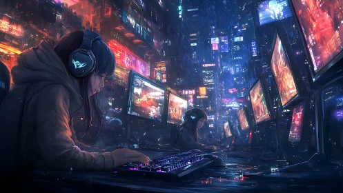 Cyberpunk gaming row with multiple monitors in neon city.