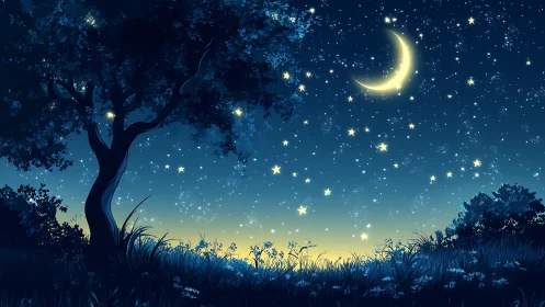 Night landscape shows crescent moon above silhouetted tree