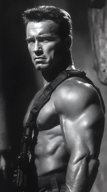 Muscular action hero stands in stark noir lighting.
