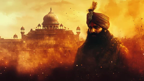 Warrior in turban stands before domed palace in orange haze