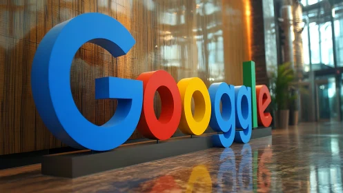 Colorful Google lobby sign brightens a modern office space.