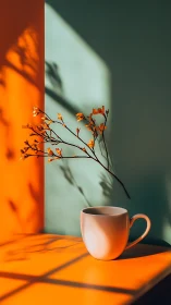 White mug anchors bold orange teal minimal still life.
