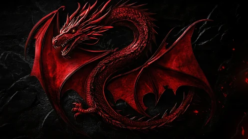 Scarlet dragon sigil coiled over black stone background.