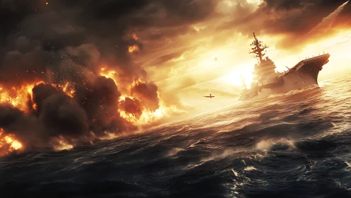 Naval carrier under bombardment in high-dynamic seascape lighting.