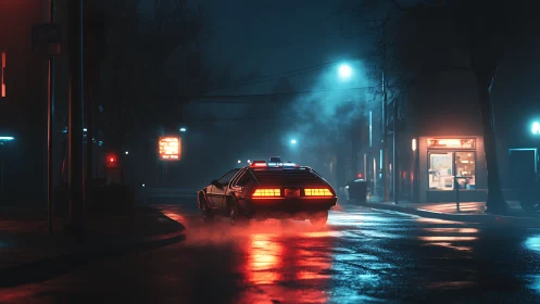Retro sports car on wet neon lit night street scene.