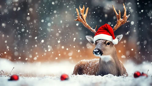 Photorealistic reindeer portrait in festive winter snowfall.