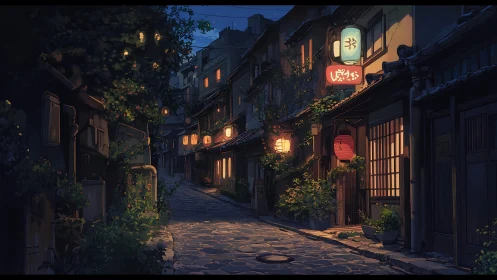 Lantern-lit alleyway in quiet traditional Japanese district.