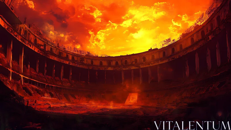 Ruined circular arena under incandescent apocalyptic sky