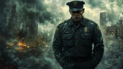 Police officer stands in uniform before ruined cityscape