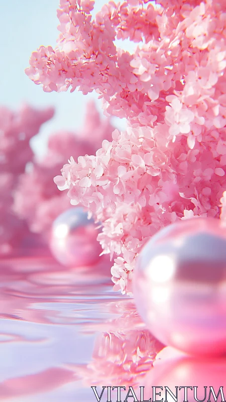 Rendered pink blossoms and reflective pearls occupy shallow water.