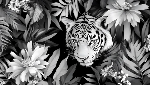 Soft jungle hush with a calm tiger in monochrome bloom.