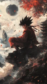 Spiky haired warrior sits on cliff edge above storm clouds