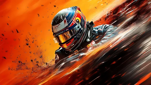 Helmet comet slicing through molten orange racetrack storm.