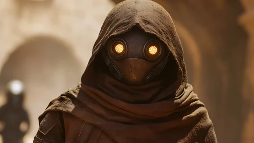 Desert-cloaked scout studies the dunes with lantern eyes