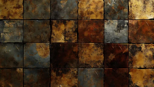 Weathered metallic tiles in rustic grid pattern, industrial art style.