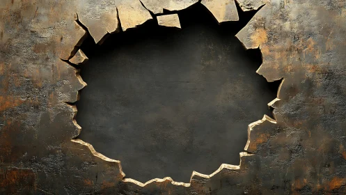 Rugged circular breach in corroded metal wall surface.