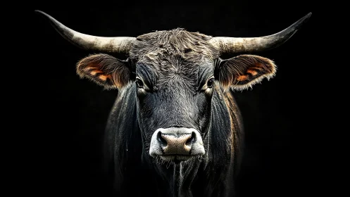 Horned bull portrait under sculpted low key lighting.