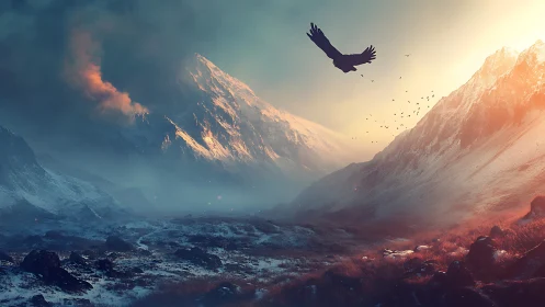 Soaring eagle over misty sunlit snow mountainscape.