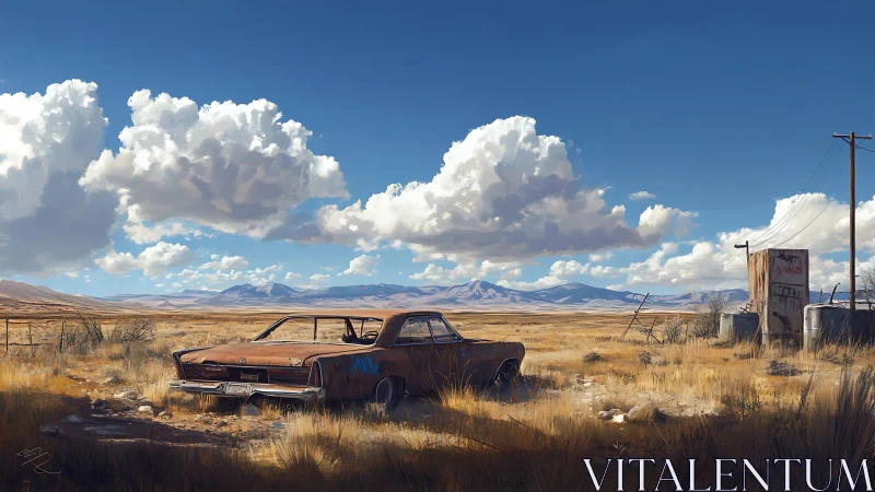 Rusting car rests in wide desert plain under towering clouds