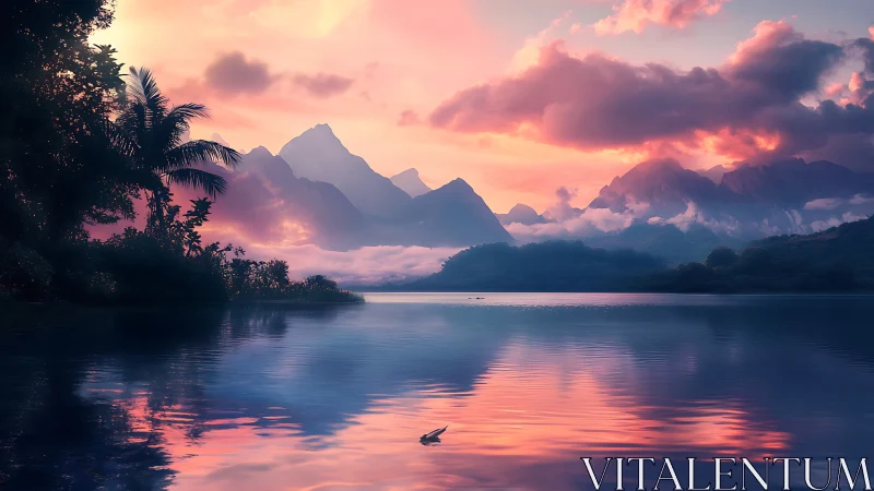 Serene tropical lake reflects misty mountains at pastel sunrise
