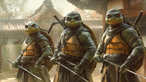 Photorealistic ninja turtles in cinematic triadic formation.