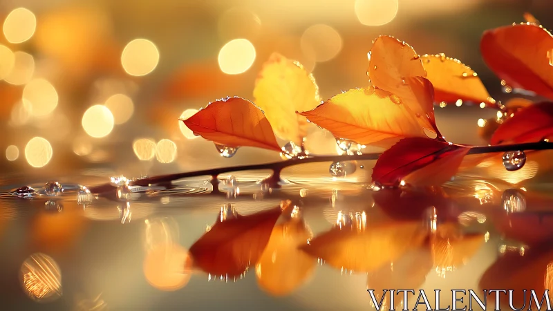 Golden autumn leaves cradling dew over liquid sunlight.