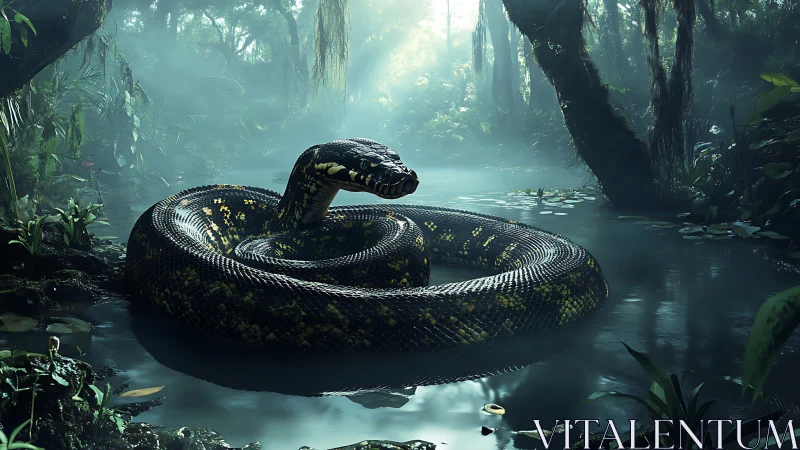 Giant anaconda coils through misted emerald jungle lagoon.