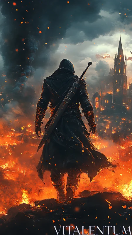 Hooded warrior walks through burning city toward distant spire.
