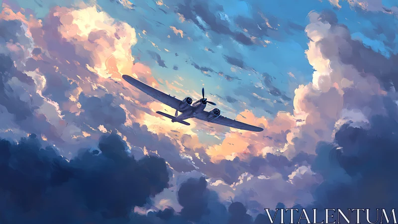 Twin‑engine airplane flies through dense sunset cloudscape