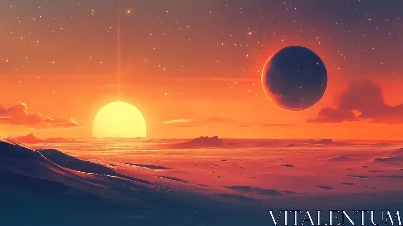 Twin celestial lights gently transform an alien sunset sky