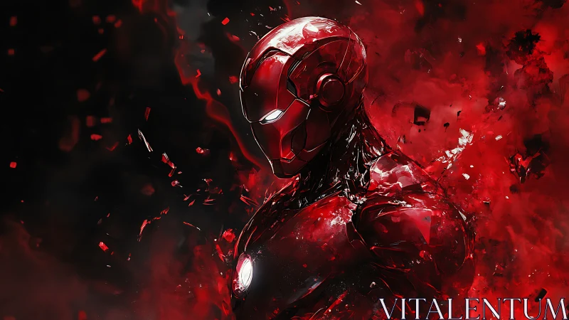 Red armored humanoid figure amid abstract digital debris.