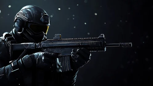 Tactical soldier in dark armor aiming modern rifle.