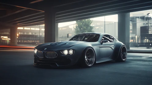 Sleek matte black BMW sports car under urban overpass.