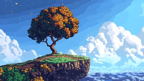 Solitary golden tree stands on floating rocky plateau beneath blue sky