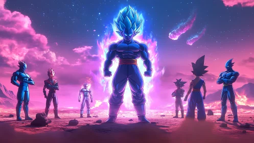 Energetic Saiyan formation on luminous extraterrestrial plain.