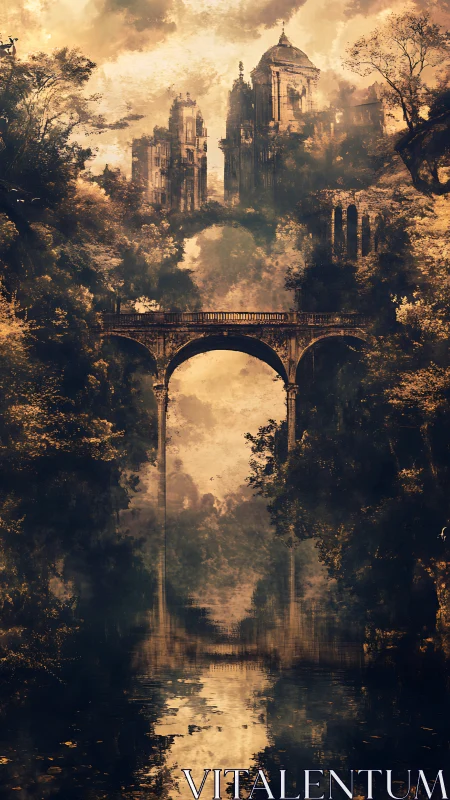Ruined citadel above arched bridge in misty forest dusk.