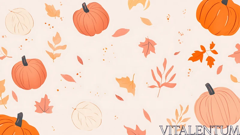 Cozy pumpkins and fluttering fall leaves in soft pastels.